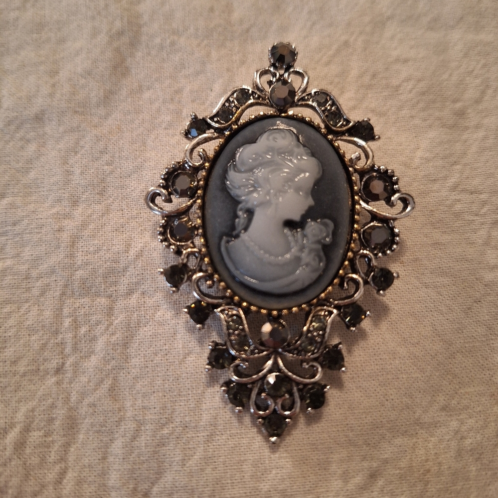 Gray and silver cameo brooch